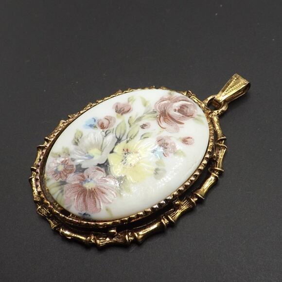 Vintage Floral Porcelain Oval Pendant, Bamboo Design Frame, No Chain, 2 3/8 Inch - Picture 8 of 10